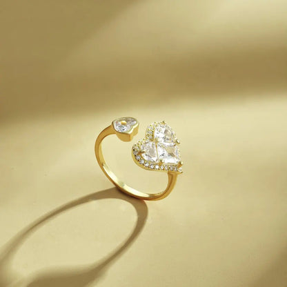 Fashion Design Trendy Silver Jewellery Rhodium 18K Gold Plated Open Adjustable Double Heart Shape Silver Rings