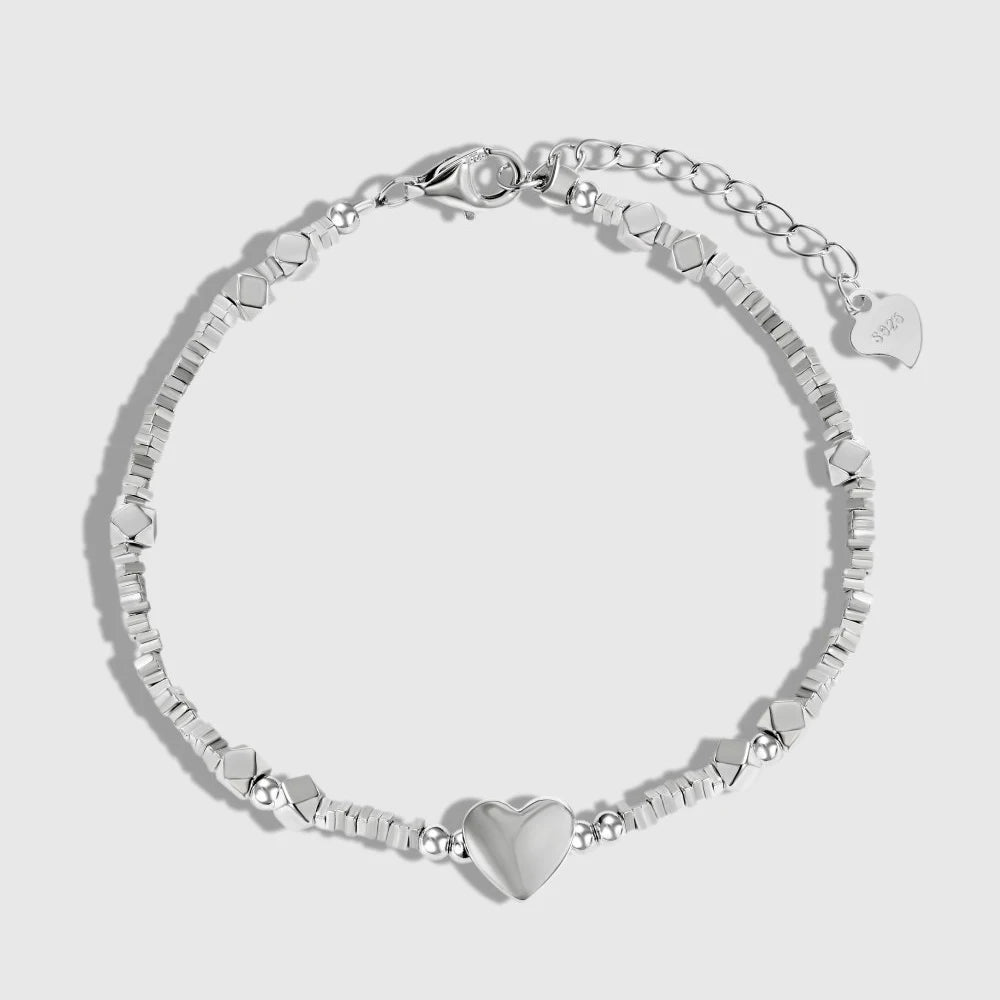 Minimalist Sample Design Hypoallergenic Non Tarnish S925 Silver Bracelet Rhodium Plated Beaded Heart Pendant Bracelet for Women