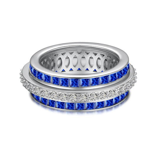 Statement Jewelry Solid Sterling Silver Rhodium Plated Three Layer 5A Zirconia Eternity Band Rotatable Baguette Rings