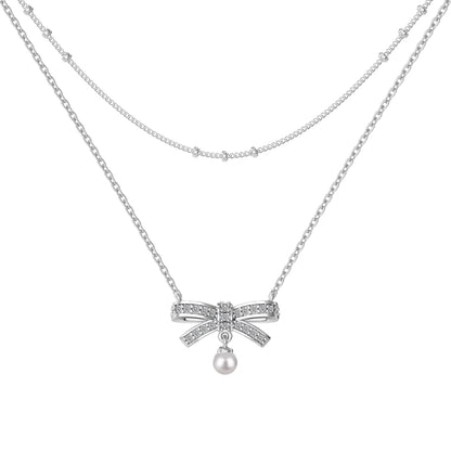 Wholesale Cubic Zirconia Bow Necklace Elegant Sweet Double-Layer Clavicle Chain 925 Silver 18K Gold Plated Necklaces Women