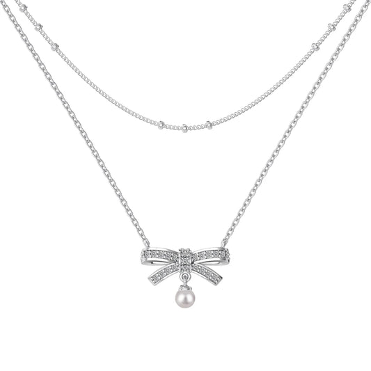 Wholesale Cubic Zirconia Bow Necklace Elegant Sweet Double-Layer Clavicle Chain 925 Silver 18K Gold Plated Necklaces Women