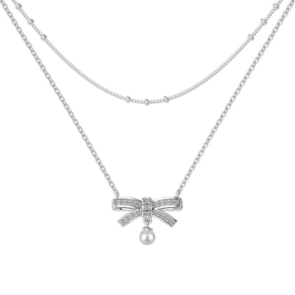 925 Sterling Silver Bow CZ Chain Necklace by KAKODIY