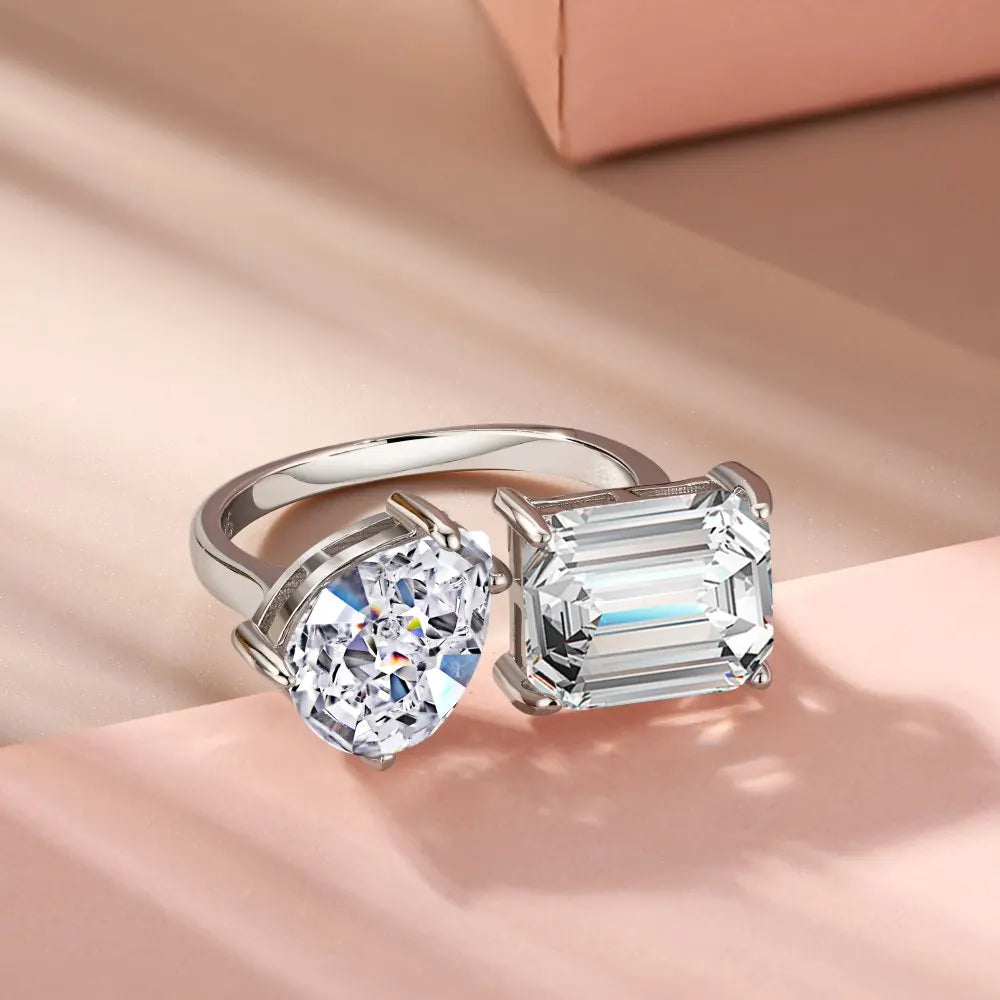 Eternity Wedding Ring 925 Sterling Silver 2 Stone Adjustable Open Diamond Ice Out Cut Engagement Anniversary Ring Band