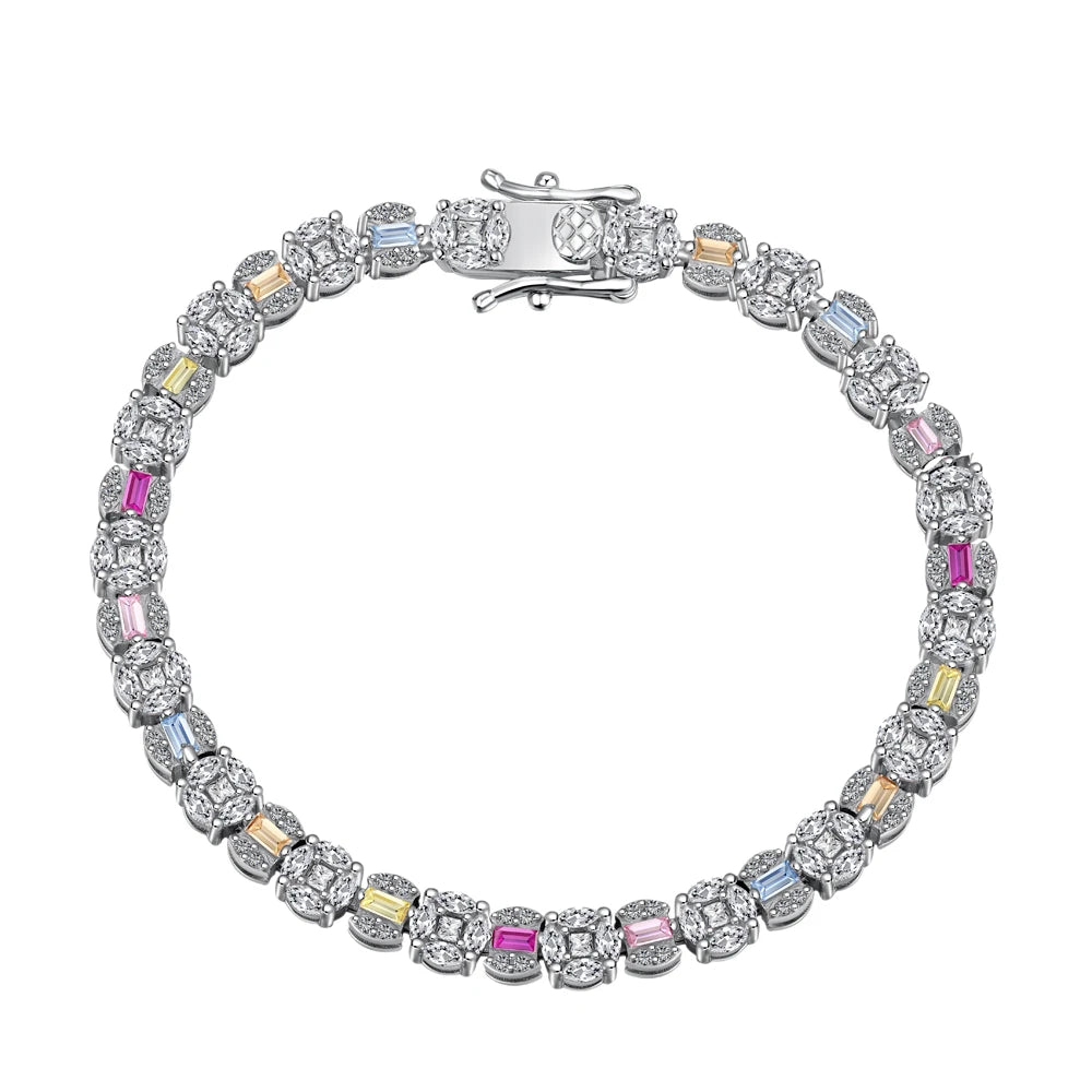 Square Shape Colorful S925 Sterling Silver Bracelet Jewelry Set Cubic Zirconia Pink Stone  Tennis Bracelets Women