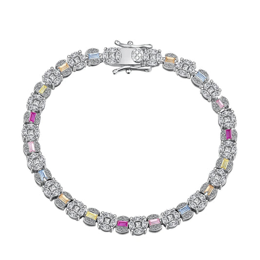 Square Shape Colorful S925 Sterling Silver Bracelet Jewelry Set Cubic Zirconia Pink Stone  Tennis Bracelets Women