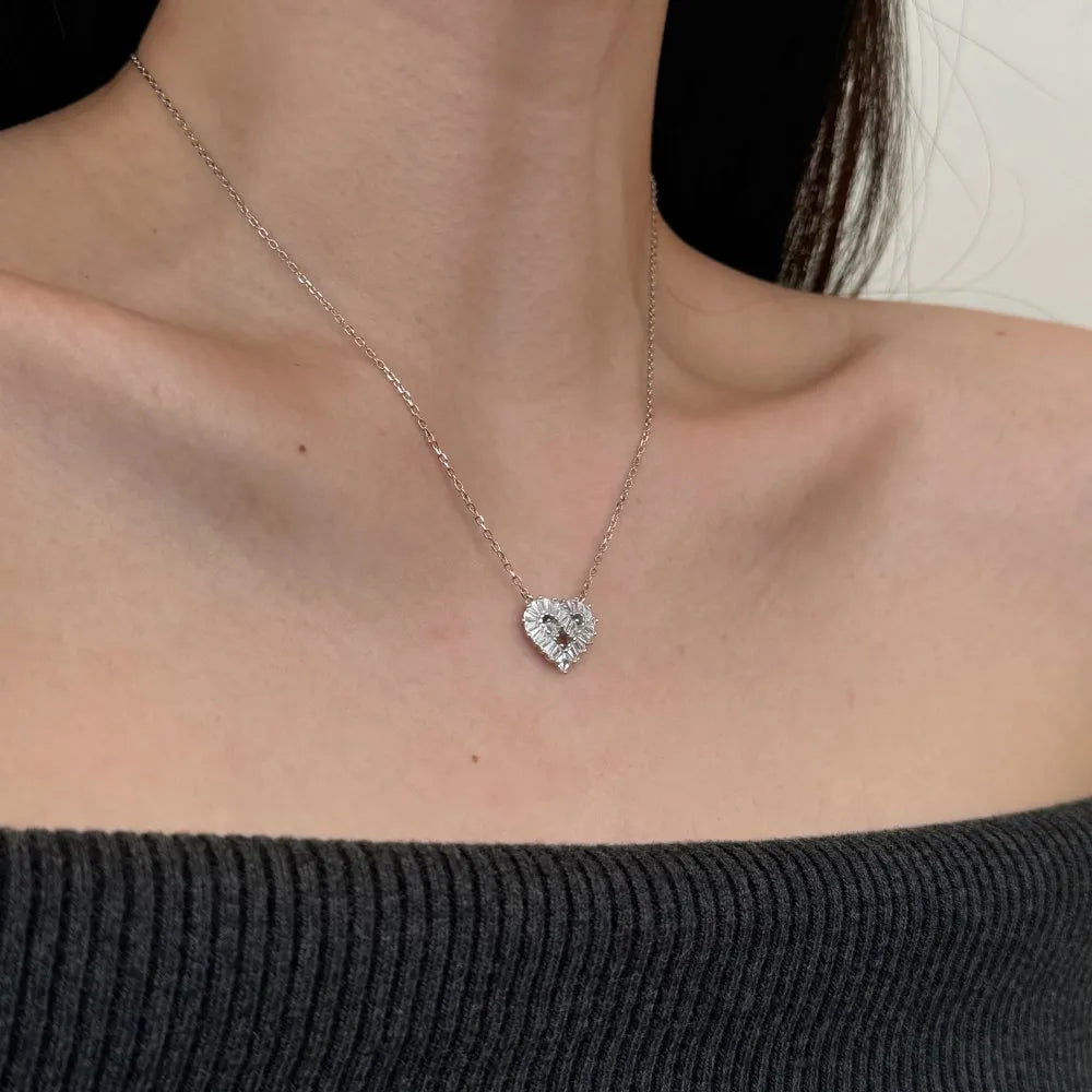 Delicate Design 925 Sterling Silver Hypoallergenic Link Chain Baguette Stone 5A Cubic Zirconia Heart Pendant Necklaces
