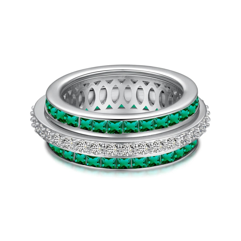 Statement Jewelry Solid Sterling Silver Rhodium Plated Three Layer 5A Zirconia Eternity Band Rotatable Baguette Rings