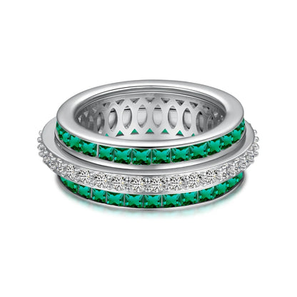 Statement Jewelry Solid Sterling Silver Rhodium Plated Three Layer 5A Zirconia Eternity Band Rotatable Baguette Rings