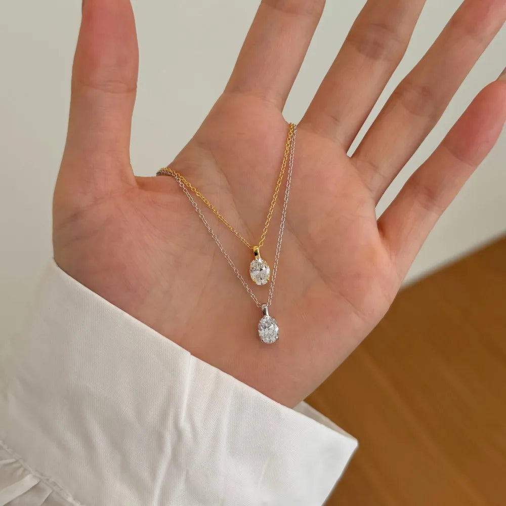 Exquisite Delicate Women Girls Fine Jewelry S925 Silver Solitaire Egg Oval Shape 5A Cubic Zirconia Pendant Necklace