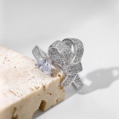 New Arrival Stylish S925 Silver Jewelry Rhodium Plated Resizable 5A Cubic Zirconia Sparkling Adjustable Bow Tie Rings