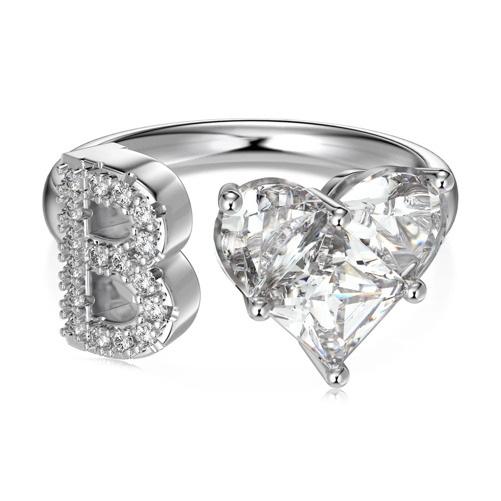 B Initial Letter Ring for Women Gold Stackable Alphabet Ring with Love Heart Shape 5A Cubic Zirconia Rings Bridesmaid Gift