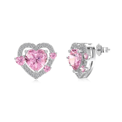 KAKODIY Shiny 925 Sterling Silver Birthstone Stud Earrings Women Heart Monolithic Pink 5A Cubic Zirconia Stud Earrings Fine Gift