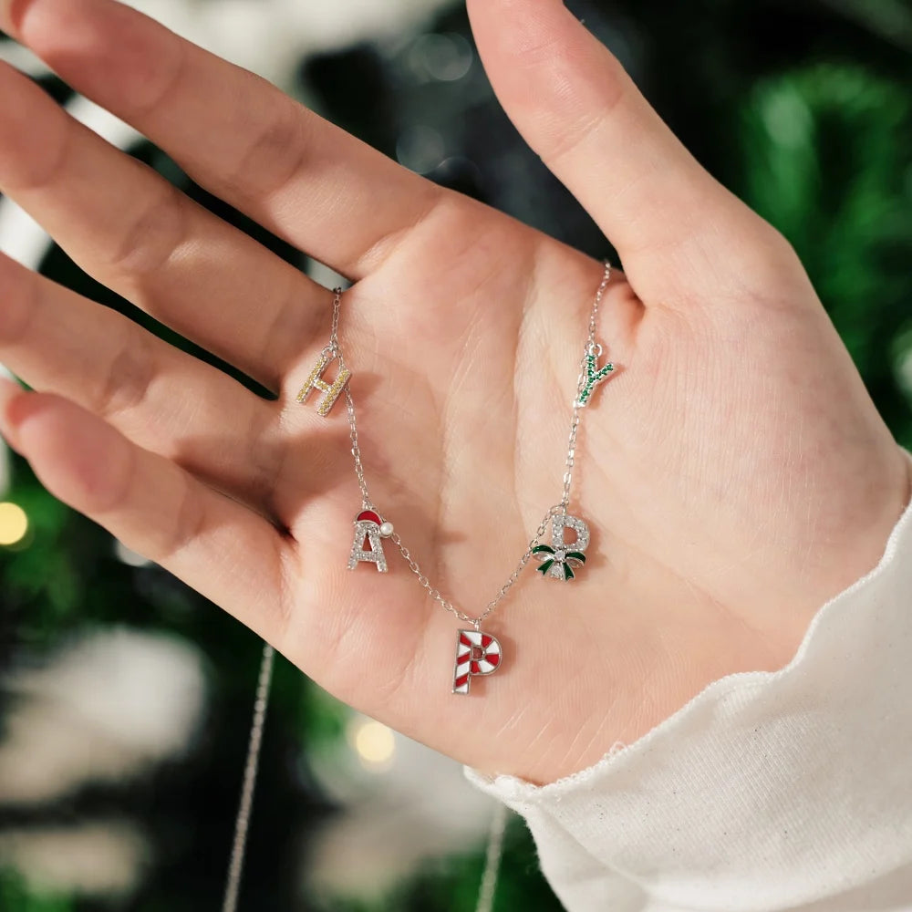 Trending Design Fine Fashion Jewelry S925 Silver Happy New Year Merry Christmas Zircon Alphabet Pendant Necklace