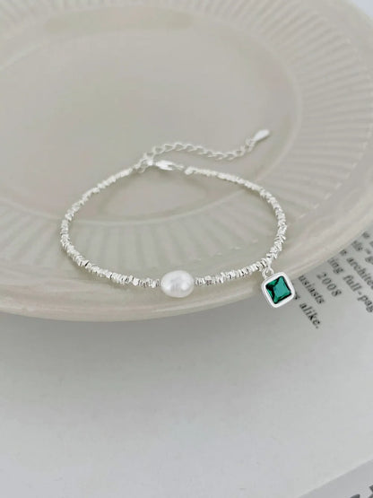 New Arrival Stylish S925 Silver Rhodium Plated Beaded Fresh Water Pearl Emerald Green 5A Zirconia Pendant Bracelets