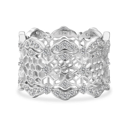 Unique Personalized Design Rhodium Plated 925 Silver Chunky 5A Zirconia Hollow Out Eternity Band Fashion Fine Women Rings