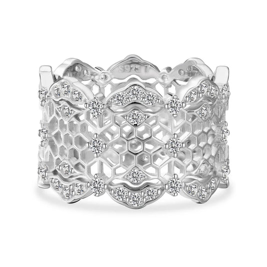 Unique Personalized Design Rhodium Plated 925 Silver Chunky 5A Zirconia Hollow Out Eternity Band Fashion Fine Women Rings
