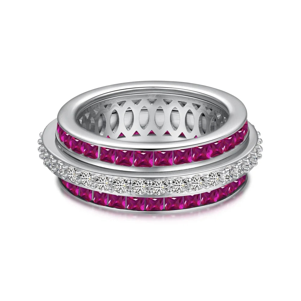 Statement Jewelry Solid Sterling Silver Rhodium Plated Three Layer 5A Zirconia Eternity Band Rotatable Baguette Rings