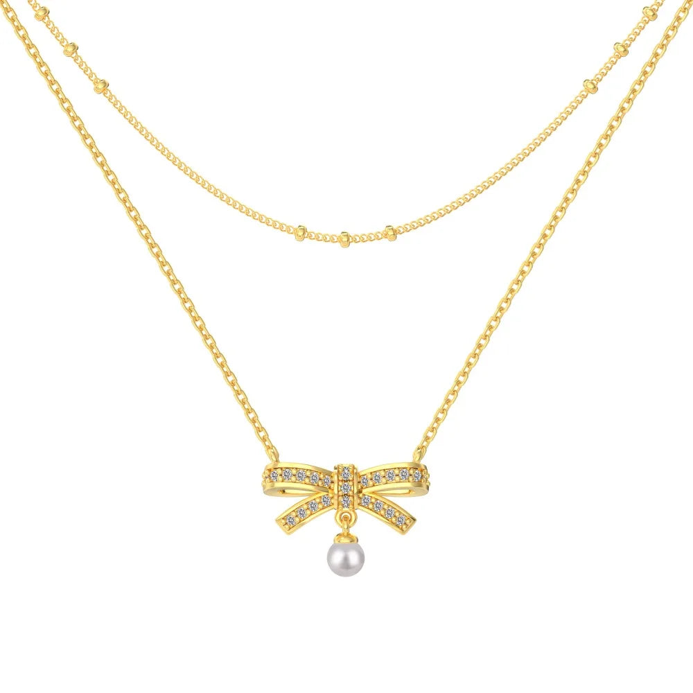 Wholesale Cubic Zirconia Bow Necklace Elegant Sweet Double-Layer Clavicle Chain 925 Silver 18K Gold Plated Necklaces Women