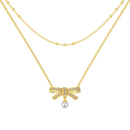 Wholesale Cubic Zirconia Bow Necklace Elegant Sweet Double-Layer Clavicle Chain 925 Silver 18K Gold Plated Necklaces Women