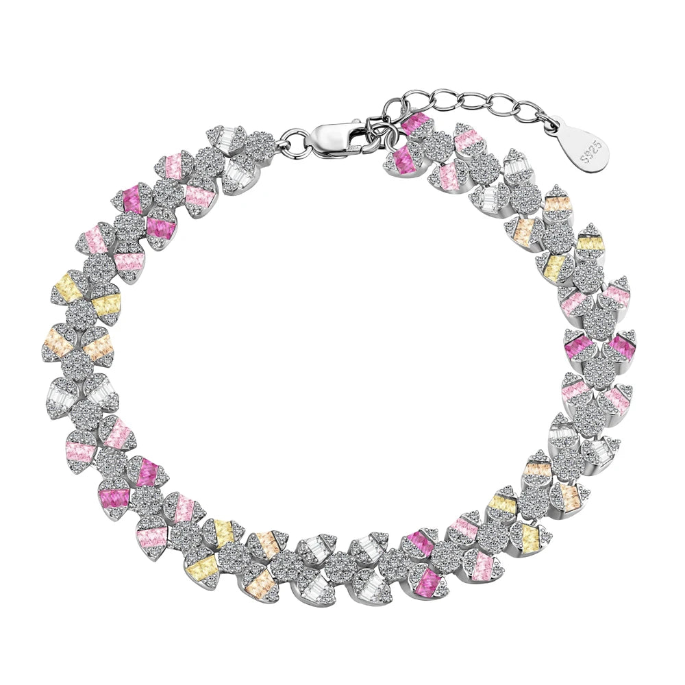Iced Out S925 Sterling Silver Bracelet Jewelry Set Cz Cubic Zirconia Colorful Pink Stone  Tennis Bracelets Women