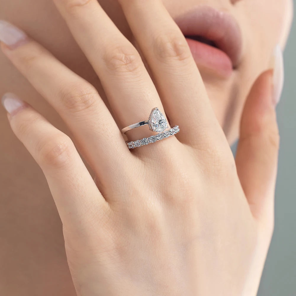 Fashion Trendy 925 Sterling Silver Rhodium Plated Double Layer Eternity Band Waterdrop Shape 5A Zirconia Ring for Women