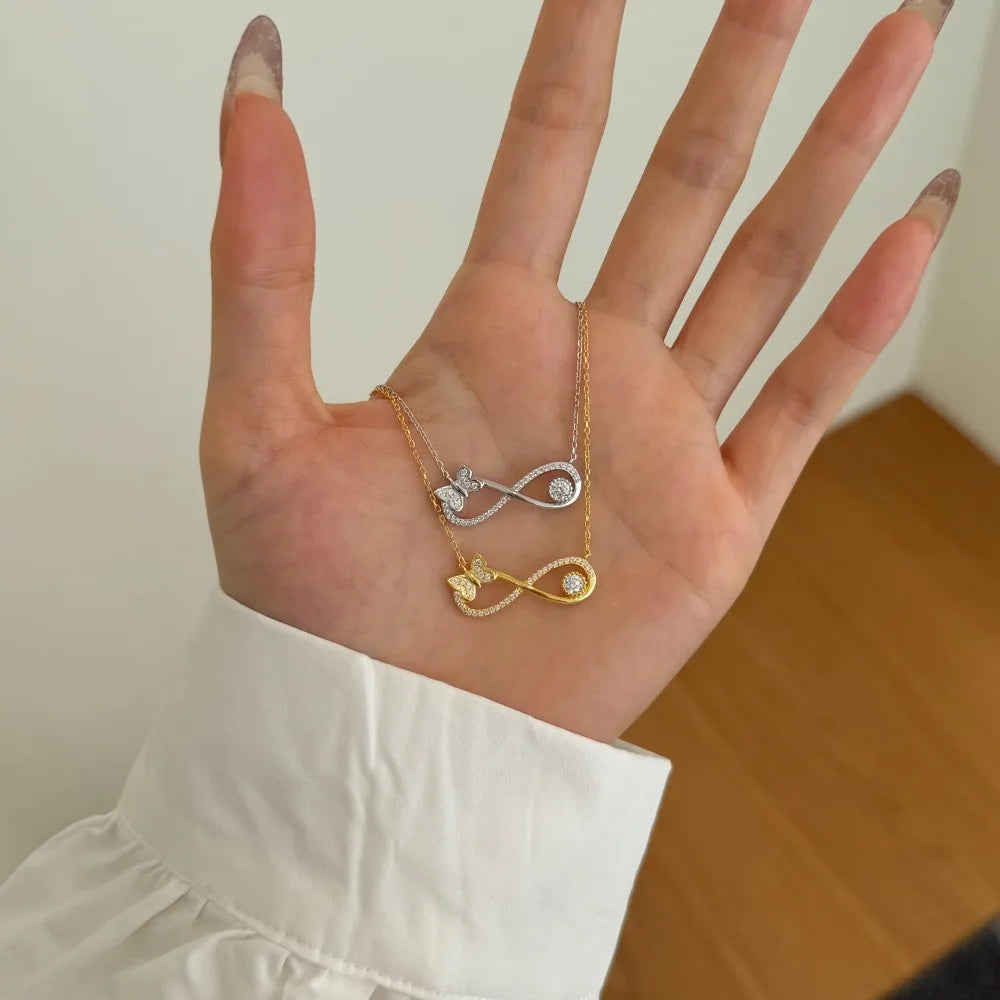 Stylish Geometric Design S925 Silver Link Chain 5A Cubic Zirconia Butterfly Number 8 Infinity Symbol Pendant Necklaces