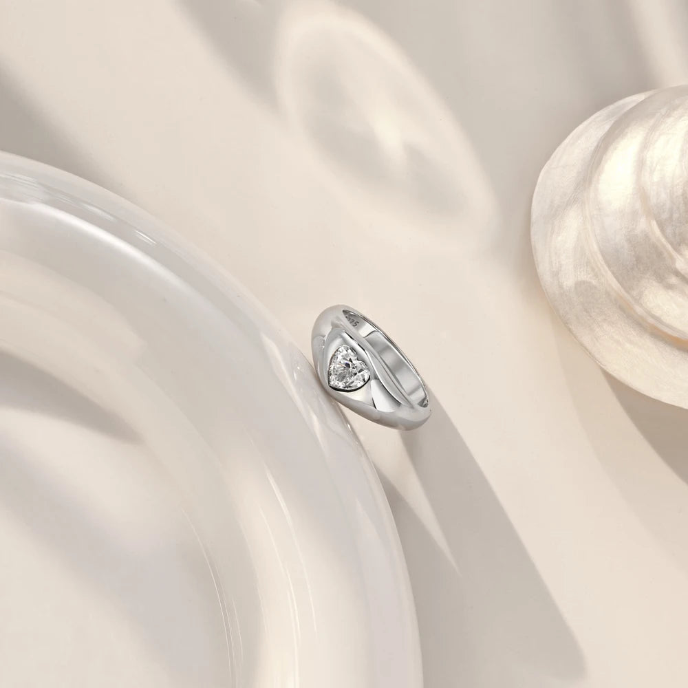 Personalized Design Women Girls Jewellery S925 Silver Gold Plated Chunky Polish Surface Heart Shape 5A Zirconium Rings