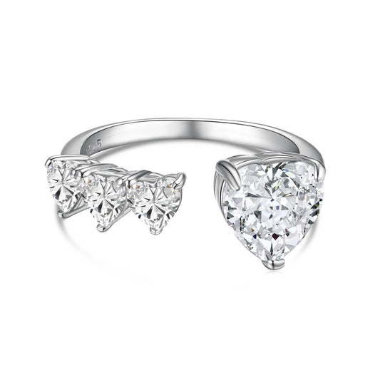 Sweet Design Fine Jewelry S925 Silver Non Fade Rhodium Plated Heart Shape 8A Iced Out Cut Cubic Zirconia Open Rings