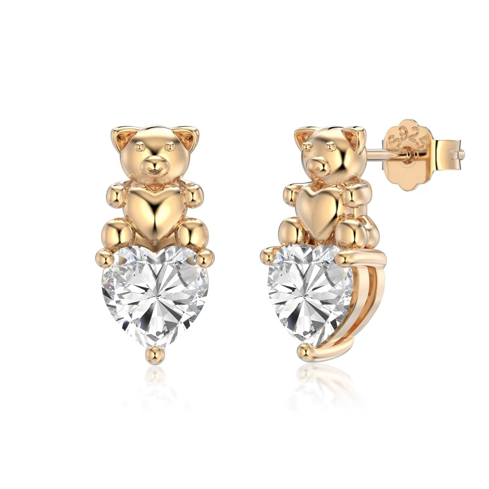 KAKODIY Cute Design Mini Fine Jewelry Rhodium Plated Champagne Gold 925 Sterling Silver 5A Cubic Zirconia Bear Heart Stud Earrings Women