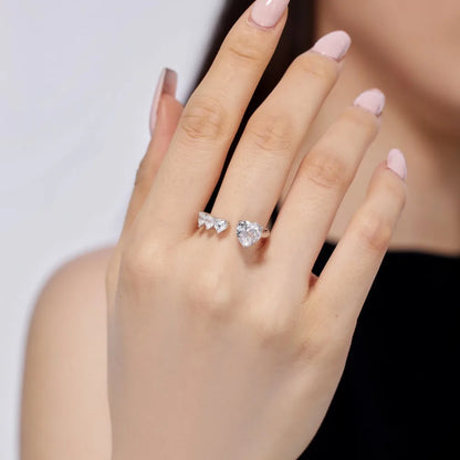 Sweet Design Fine Jewelry S925 Silver Non Fade Rhodium Plated Heart Shape 8A Iced Out Cut Cubic Zirconia Open Rings