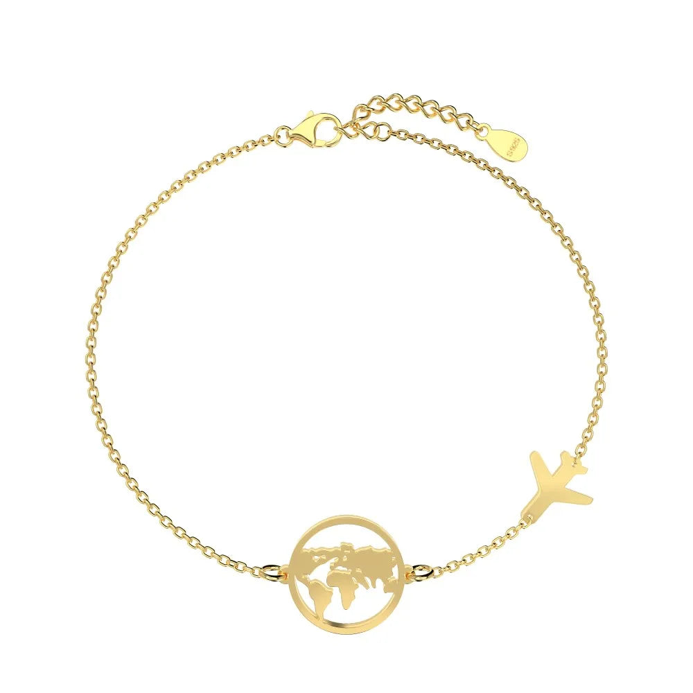 Dylam Trendy S925 Silver Simple World Map Bracelet Globe Bracelet Charm Travel Chain Jewelry Earth Airplane Bracelets for Women