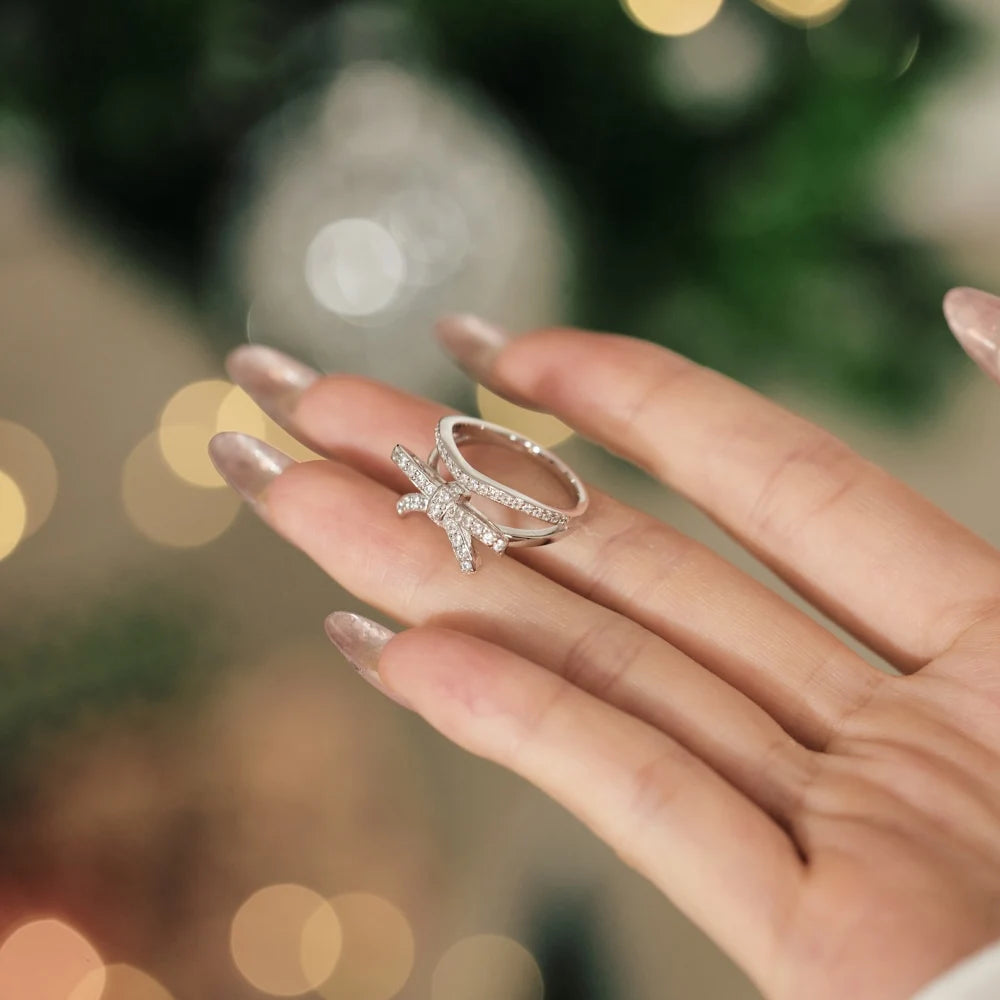 Trendy Design Christmas Xmas Jewelry Gift 925 Sterling Silver Double Layers Bow-knot 5A Cubic Zirconia Shiny Jewelry Rings