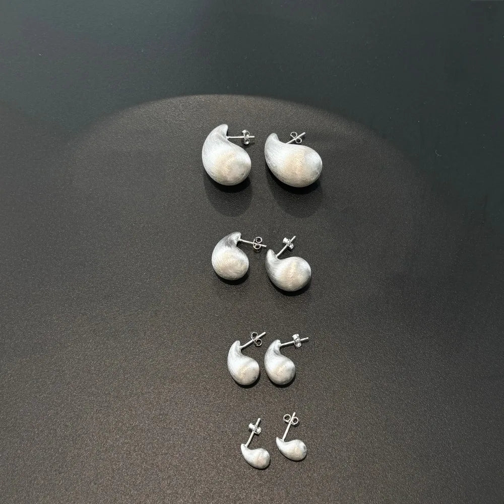 Fashion Statement Design  S925 Silver Waterdrop Shape Brushed Surface Multiple Size Stud Earrings for Women Accessories