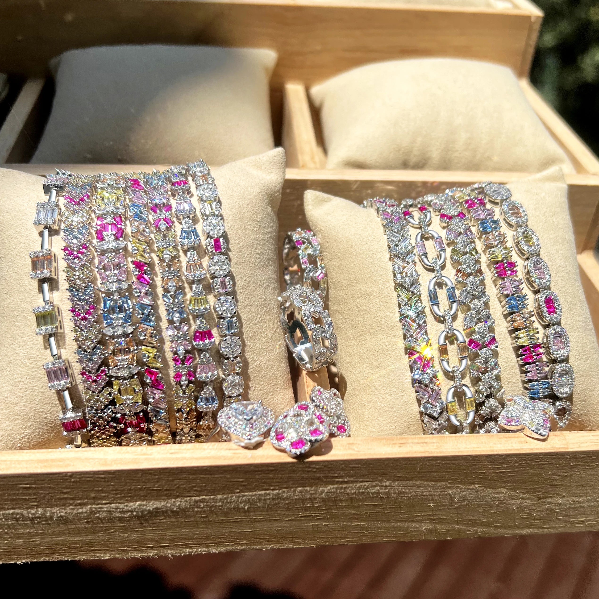 Iced Out S925 Sterling Silver Bracelet Jewelry Set Cz Cubic Zirconia Colorful Pink Stone  Tennis Bracelets Women