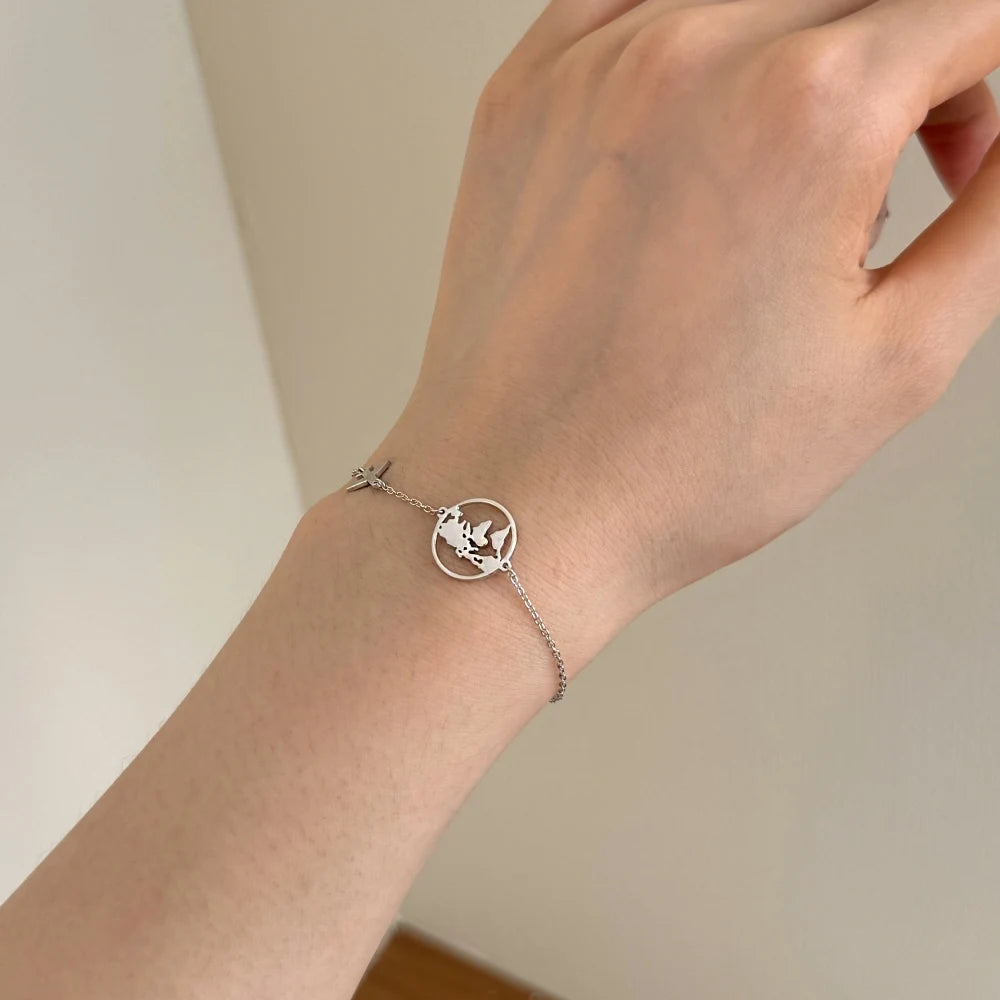 Dylam Trendy S925 Silver Simple World Map Bracelet Globe Bracelet Charm Travel Chain Jewelry Earth Airplane Bracelets for Women