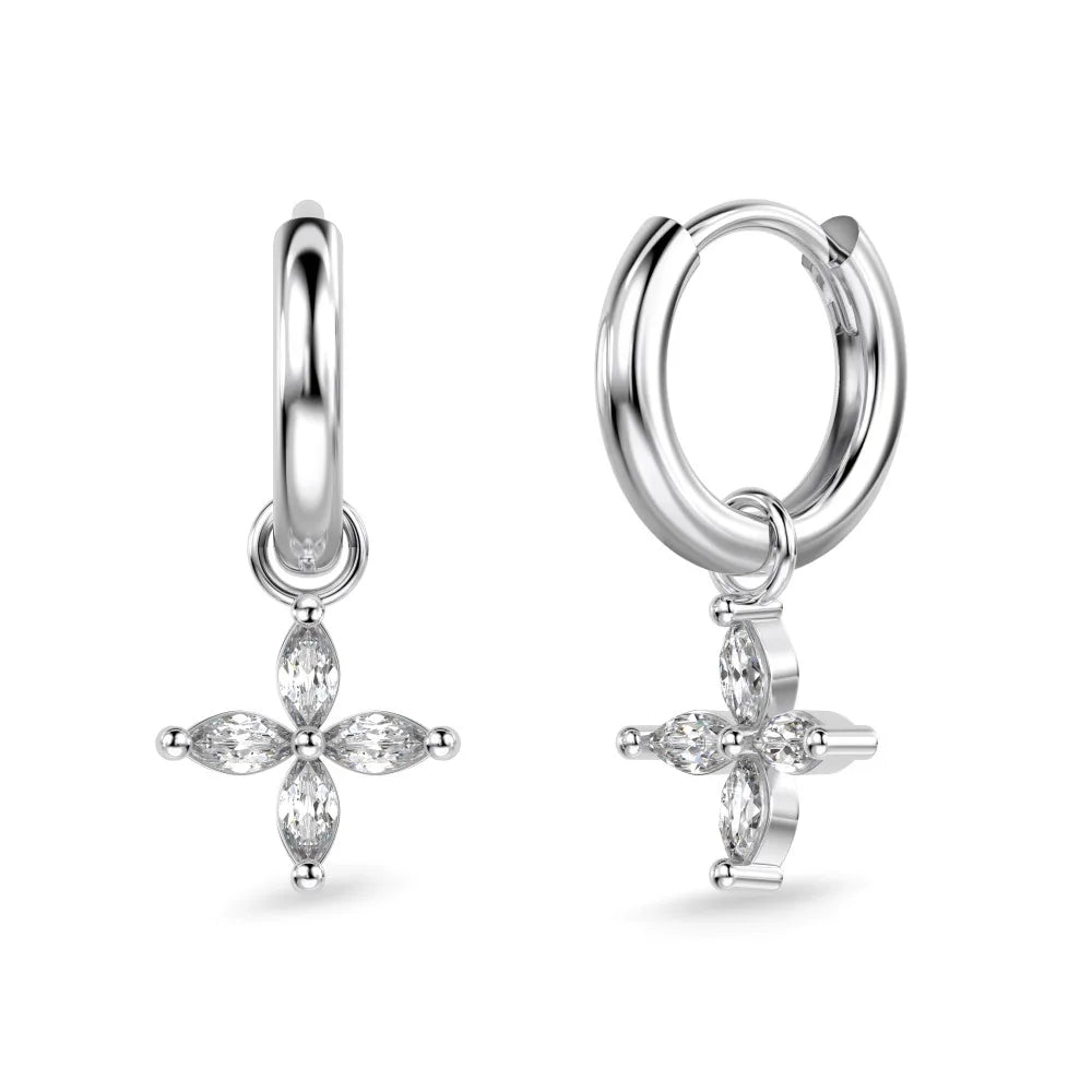 Delicate Simplicity Design Women Fine Jewelry S925 Silver 5A Zirconia Marquise Stone Flower Pendant Dangle Hoop Earrings
