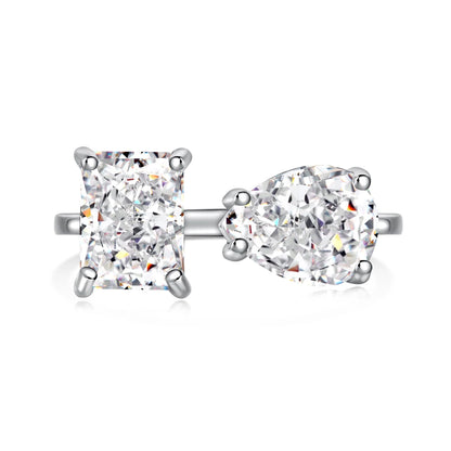 Eternity Rhodium Plated S925 Silver 2 Stone Engagement 1.5ct Pear Shape Zircon Open Adjustable Wedding Anniversary Ring