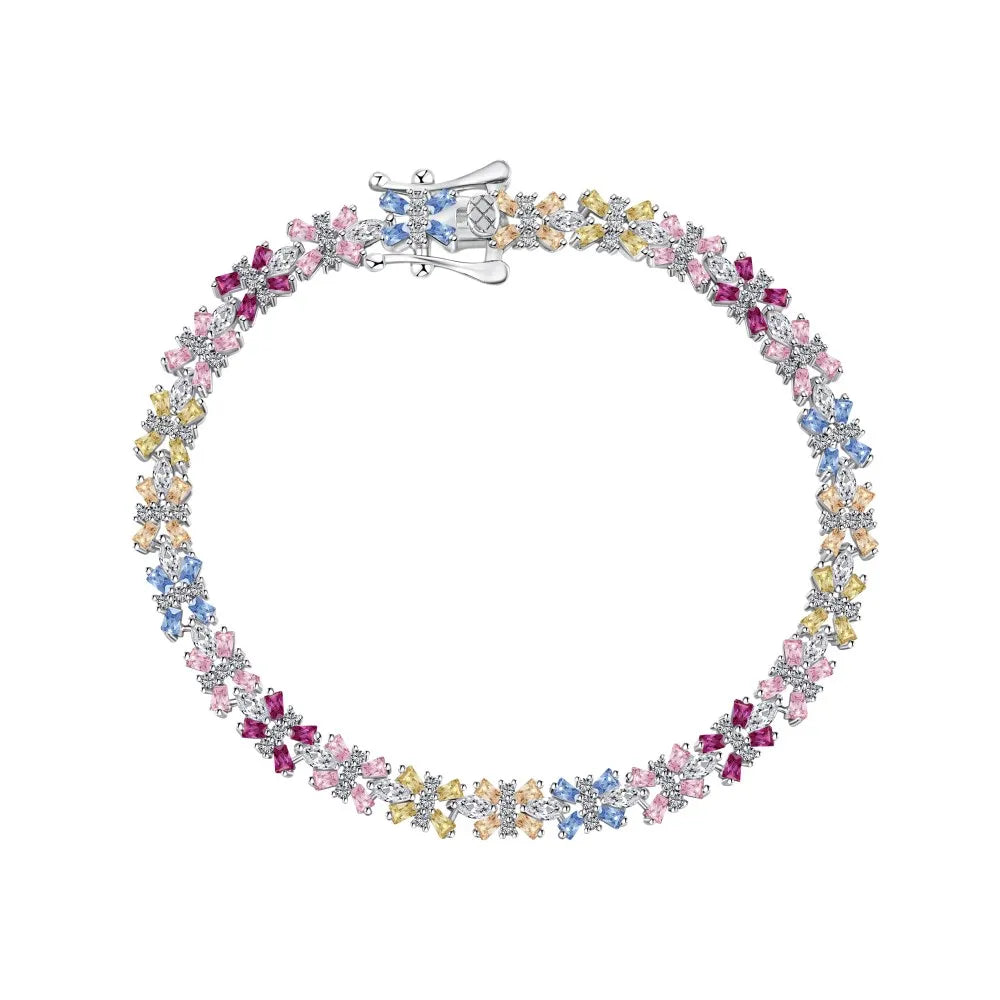 Wholesale Jewelry 18K Gold Plated S925 Sterling Silver Rainbow Bracelet Colorful Baguette  Tennis Bracelets Women