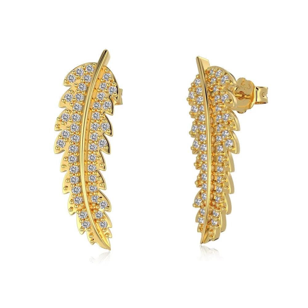 Fine Jewelry Supplier 925 Sterling Silver Non Tarnish Feather 5A Grade Cubic Zirconia Leaf Shape Stud Earrings for Women