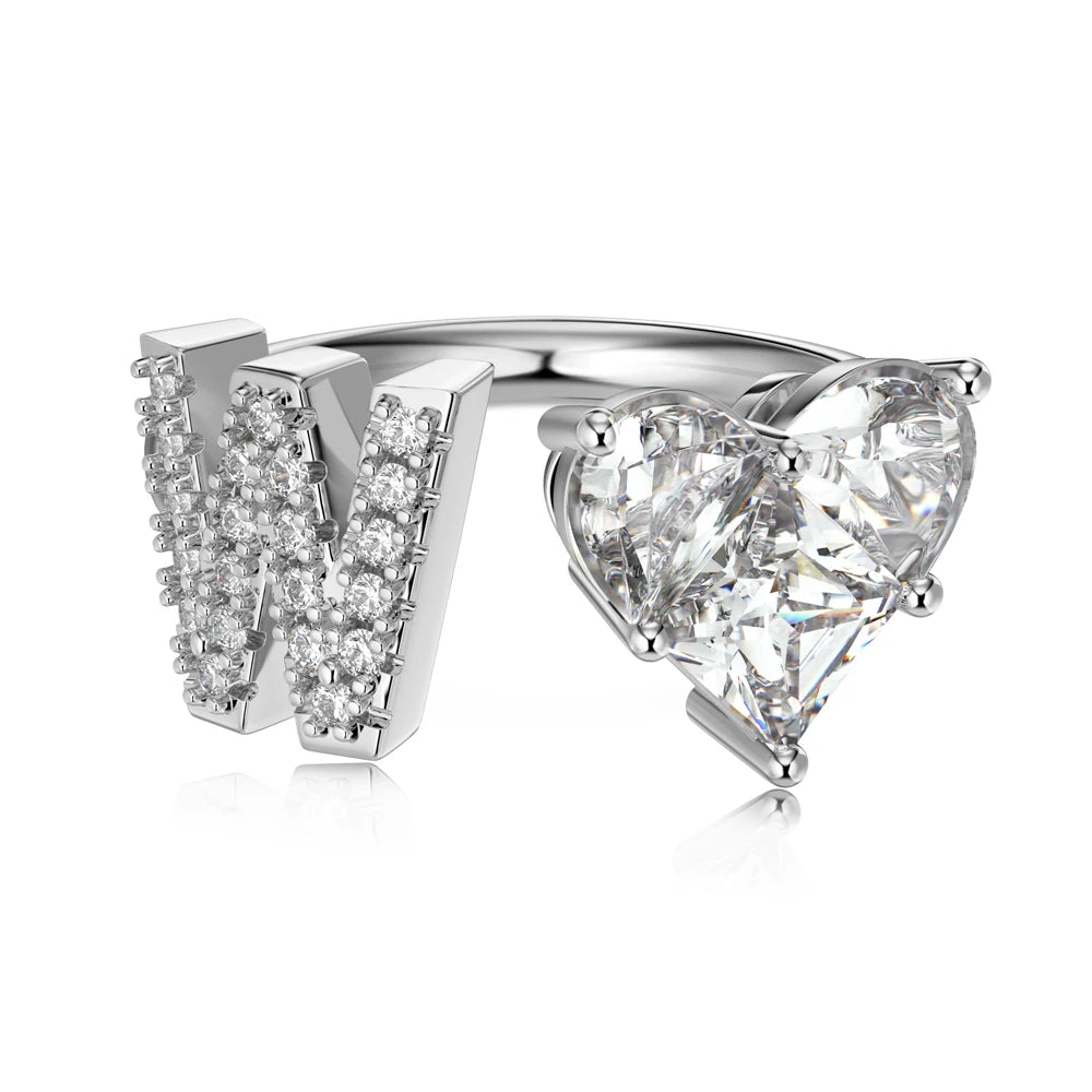 Women Girls Teens Dainty 925 Sterling Silver Heart-shaped 5A Cubic Zirconia Initial Letter W Open Adjustable Rings