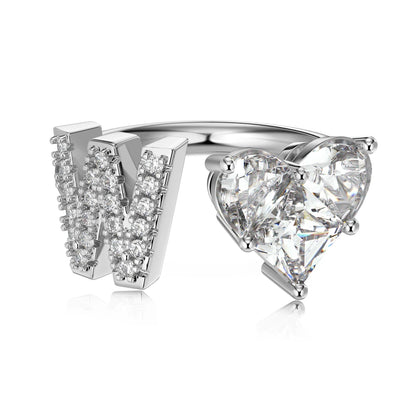 Women Girls Teens Dainty 925 Sterling Silver Heart-shaped 5A Cubic Zirconia Initial Letter W Open Adjustable Rings