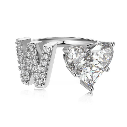 Women Girls Teens Dainty 925 Sterling Silver Heart-shaped 5A Cubic Zirconia Initial Letter W Open Adjustable Rings