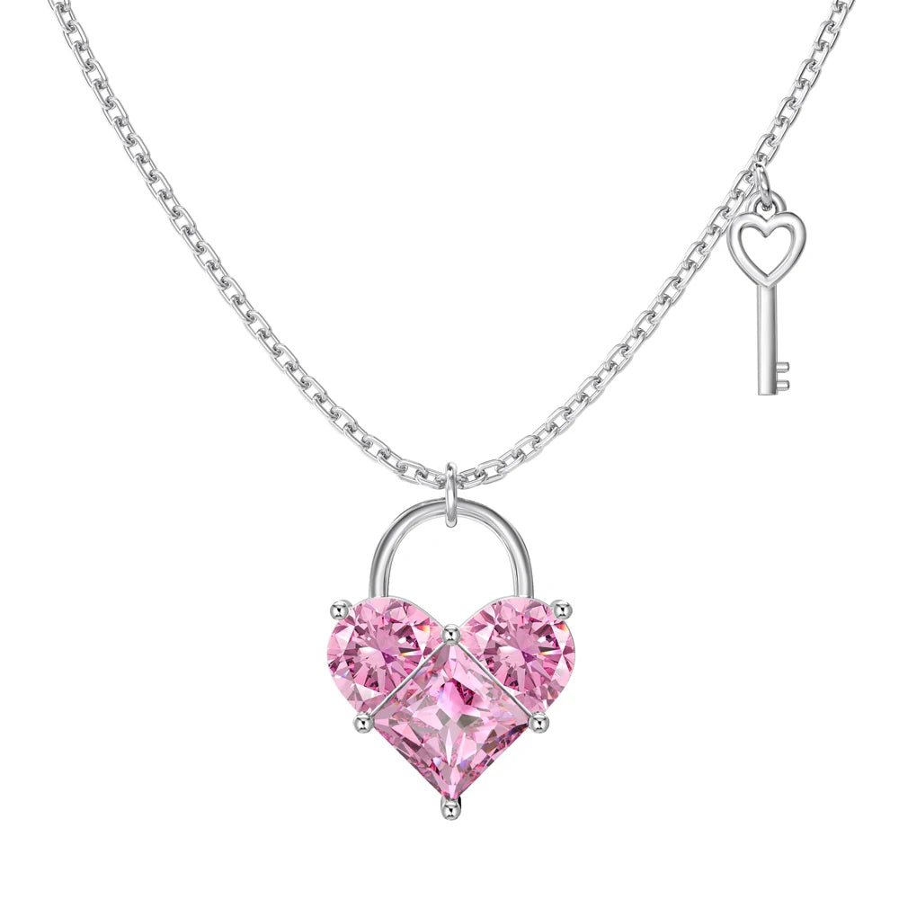 Cute New Design Women Dress up Jewelry S925 Silver Chain Pink 5A Cubic Zirconia Heart Key Pendant Necklaces Jewellery