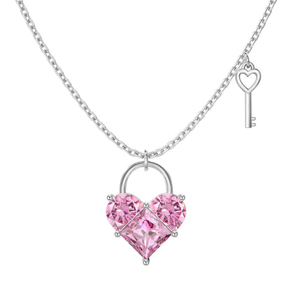 Cute New Design Women Dress up Jewelry S925 Silver Chain Pink 5A Cubic Zirconia Heart Key Pendant Necklaces Jewellery