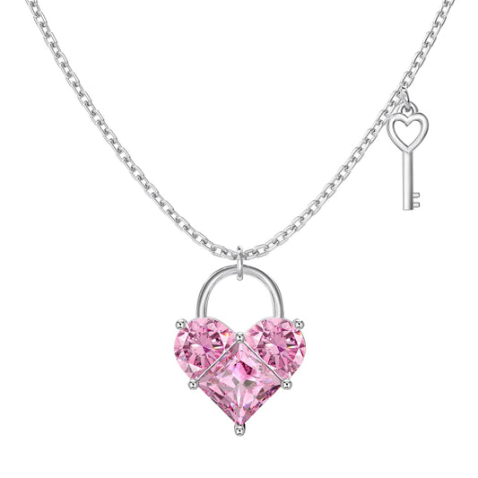 Cute New Design Women Dress up Jewelry S925 Silver Chain Pink 5A Cubic Zirconia Heart Key Pendant Necklaces Jewellery