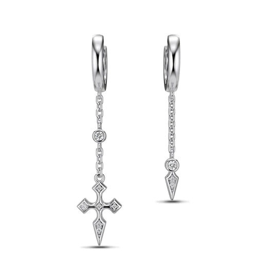 Personalized Statement Design S925 Silver Dissymmetry 5A Zirconia Religious Tassel Cross Pendant Hoop Jewelry Earrings