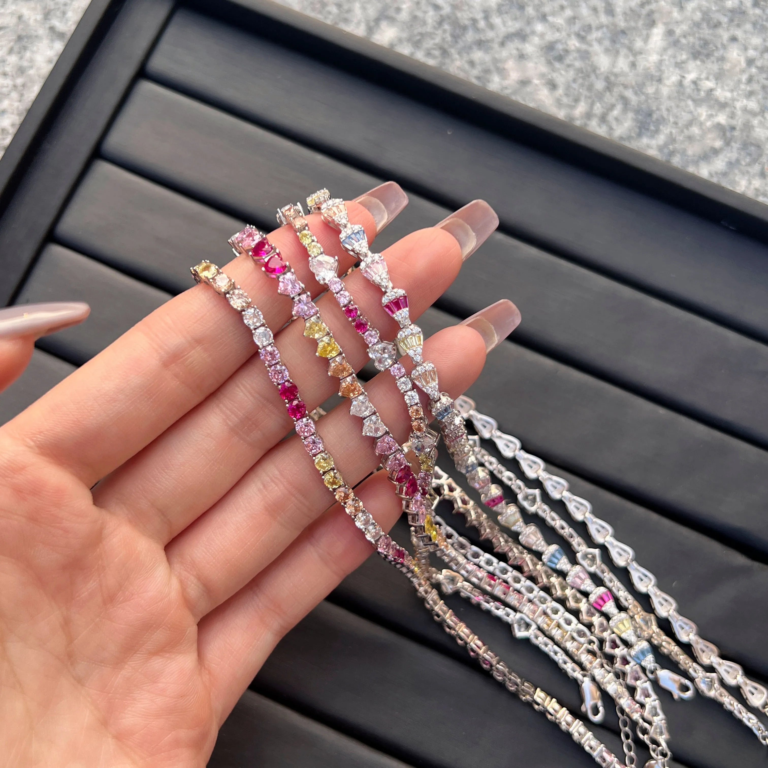 Wholesale Jewelry 18K Gold Plated S925 Sterling Silver Rainbow Bracelet Colorful Baguette  Tennis Bracelets Women