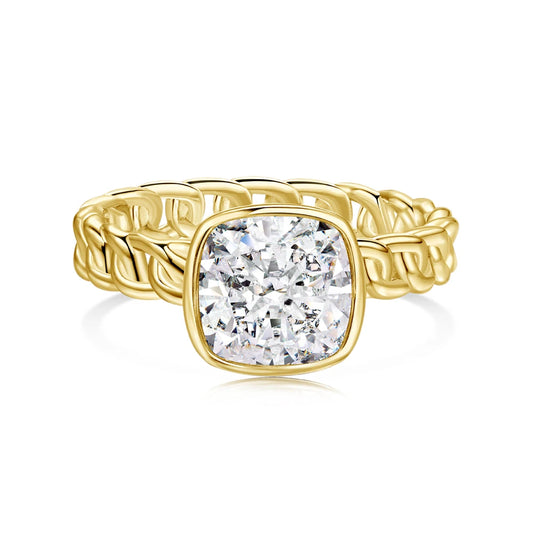 S925 Silver 18K Gold Plated Retro Vintage Cuban Chain Solitaire 8A Crushed Iced Out Cut Cubic Zirconia Jewelry Rings