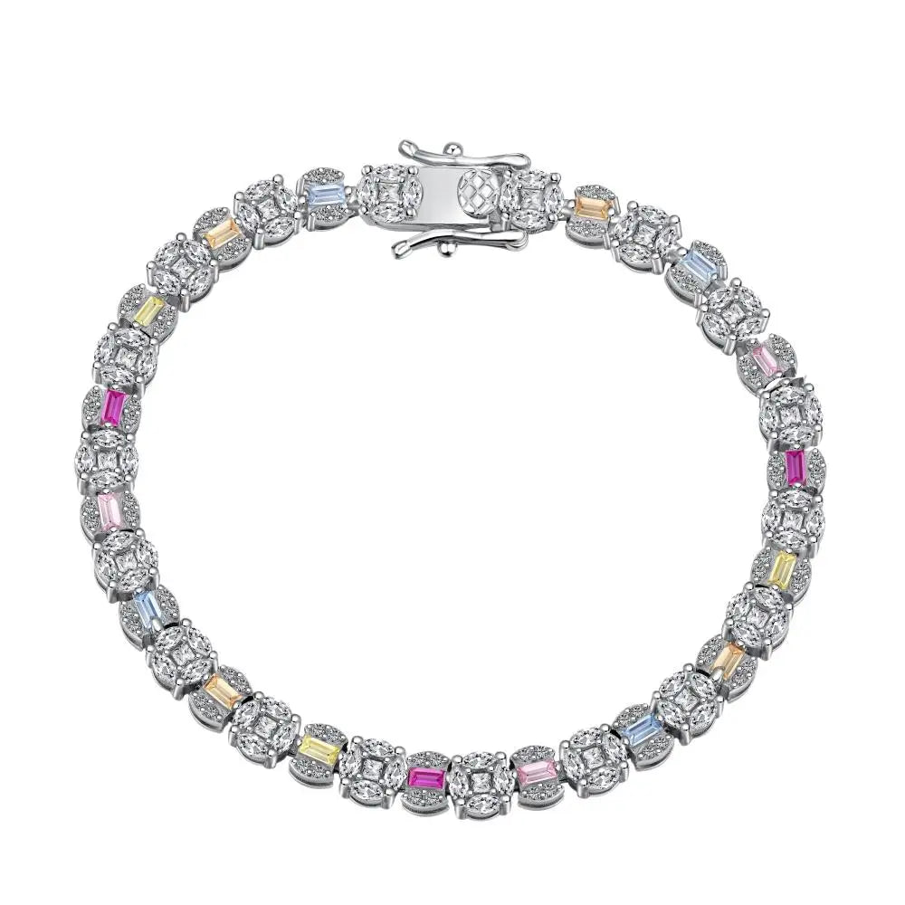 Square Shape Colorful S925 Sterling Silver Bracelet Jewelry Set Cubic Zirconia Pink Stone  Tennis Bracelets Women