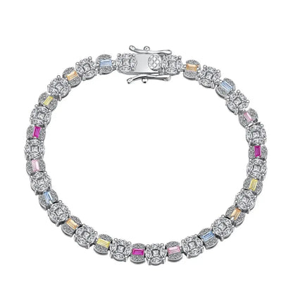 Square Shape Colorful S925 Sterling Silver Bracelet Jewelry Set Cubic Zirconia Pink Stone  Tennis Bracelets Women